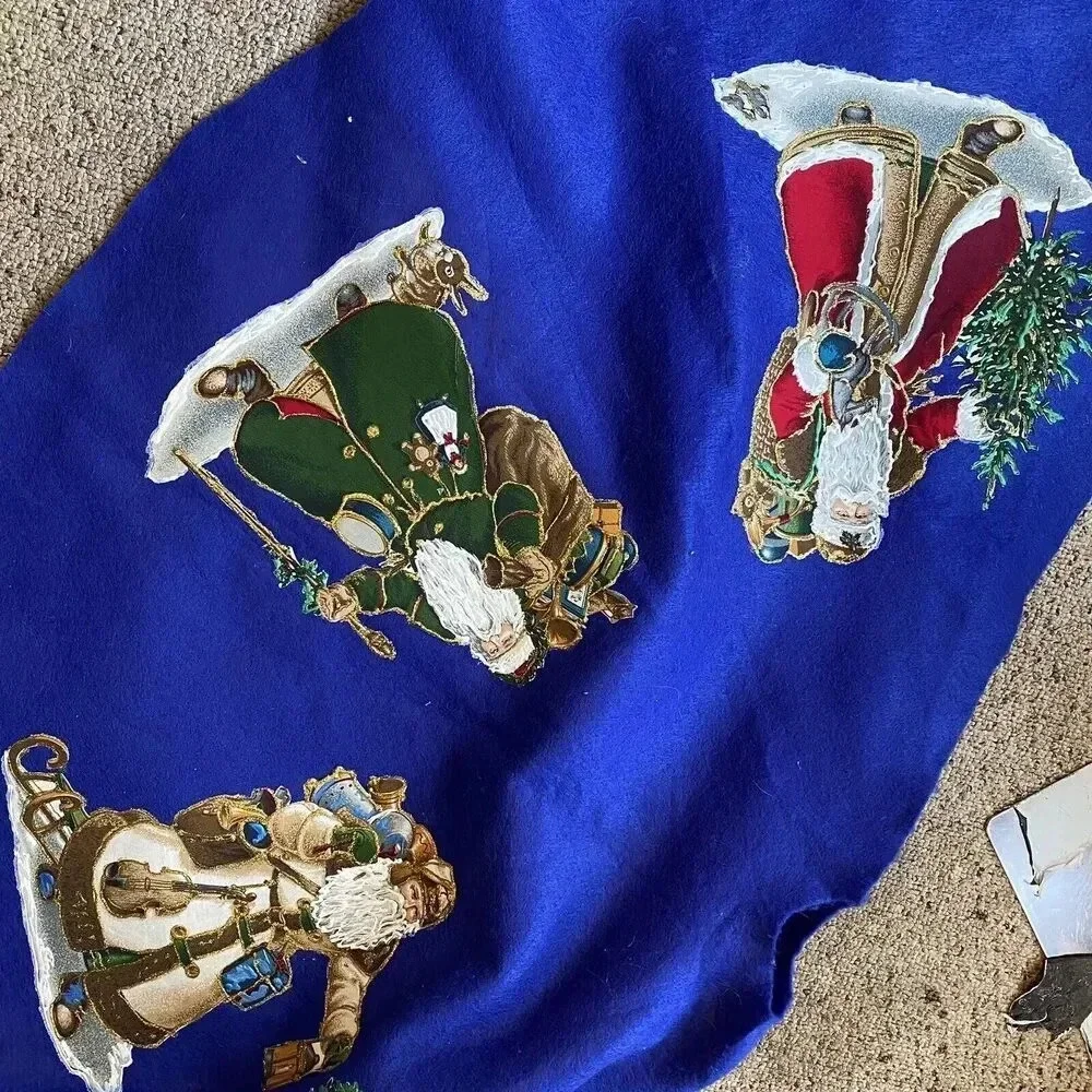 Vintage Blue MERRY CHRISTMAS TREE SKIRT Fabric Panel Santa Clause Holiday Decor